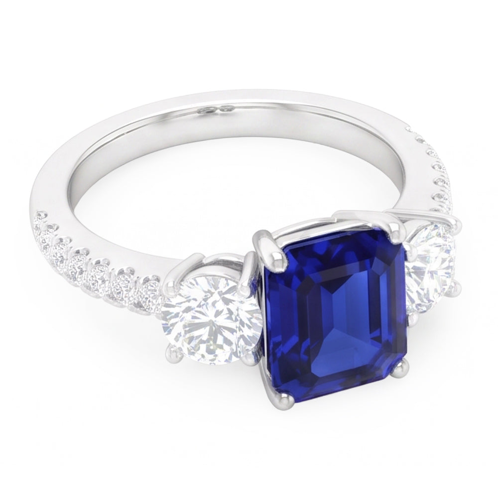 Anello in stile zaffiro blu smeraldo con 3 pietre con accenti in oro 7 ct 14k