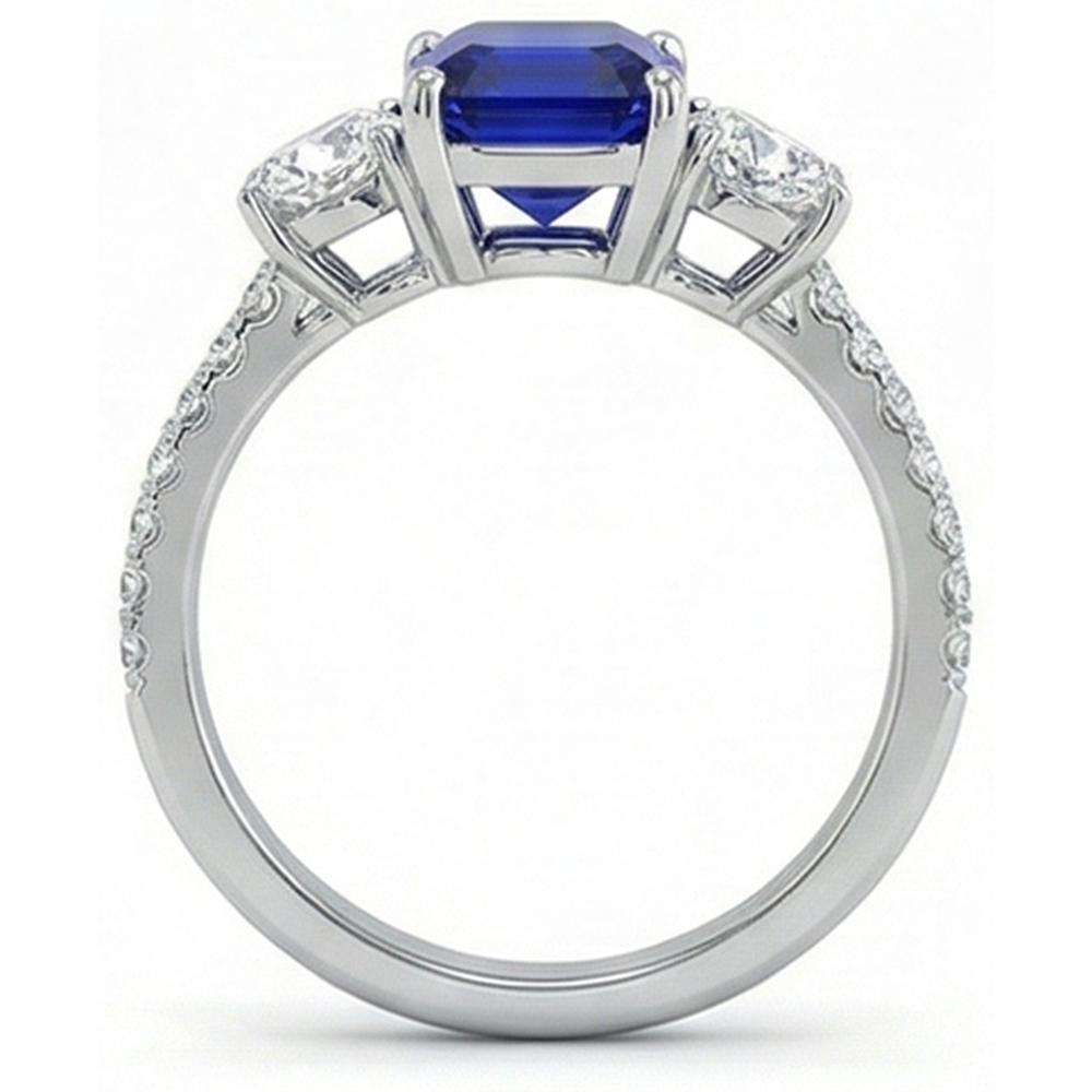 Anello in stile zaffiro blu smeraldo con 3 pietre con accenti in oro 7 ct 14k