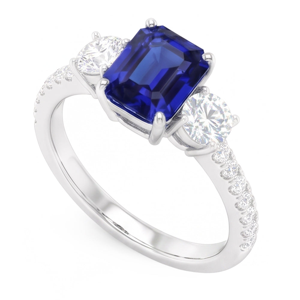 Anello in stile zaffiro blu smeraldo con 3 pietre con accenti in oro 7 ct 14k