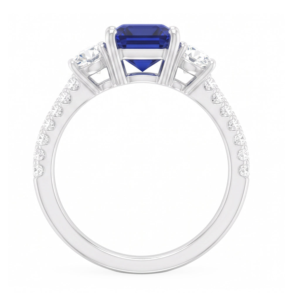 Anello in stile zaffiro blu smeraldo con 3 pietre con accenti in oro 7 ct 14k