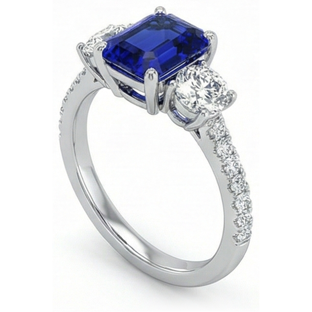 Anello in stile zaffiro blu smeraldo con 3 pietre con accenti in oro 7 ct 14k