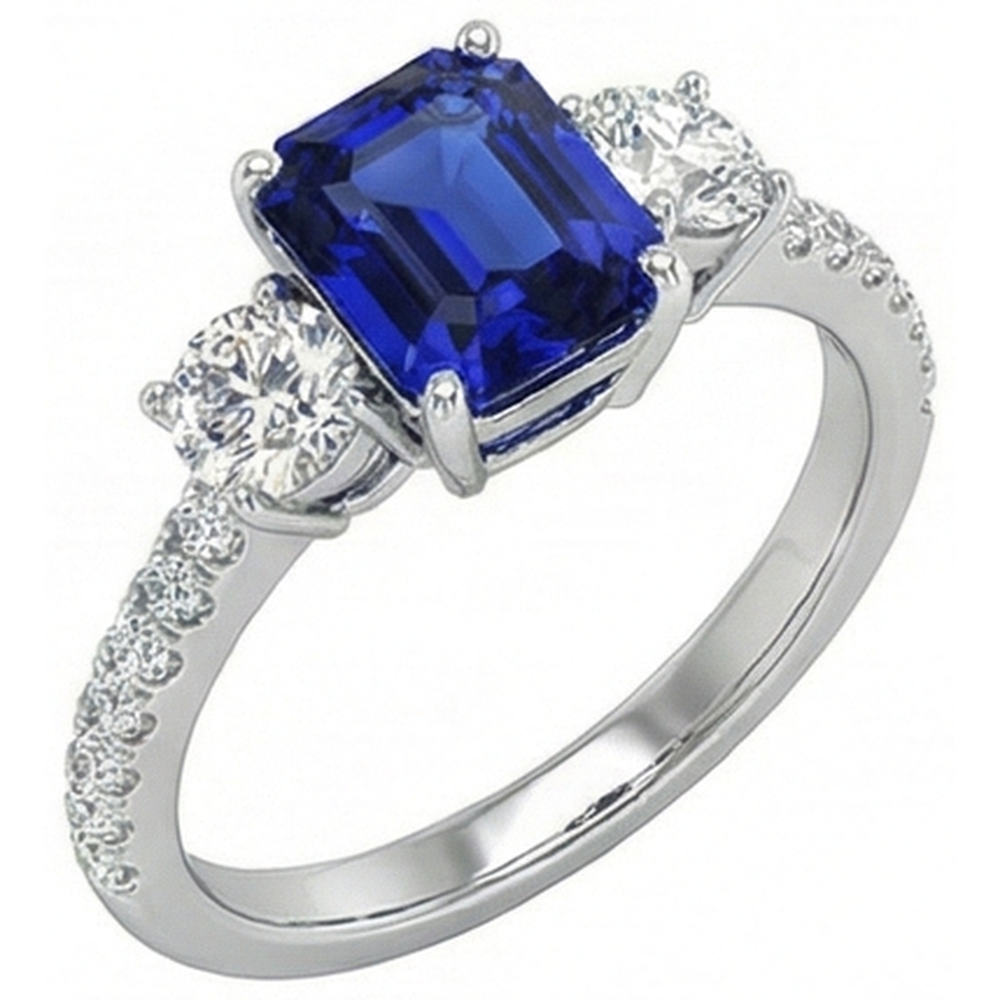 Anello in stile zaffiro blu smeraldo con 3 pietre con accenti in oro 7 ct 14k