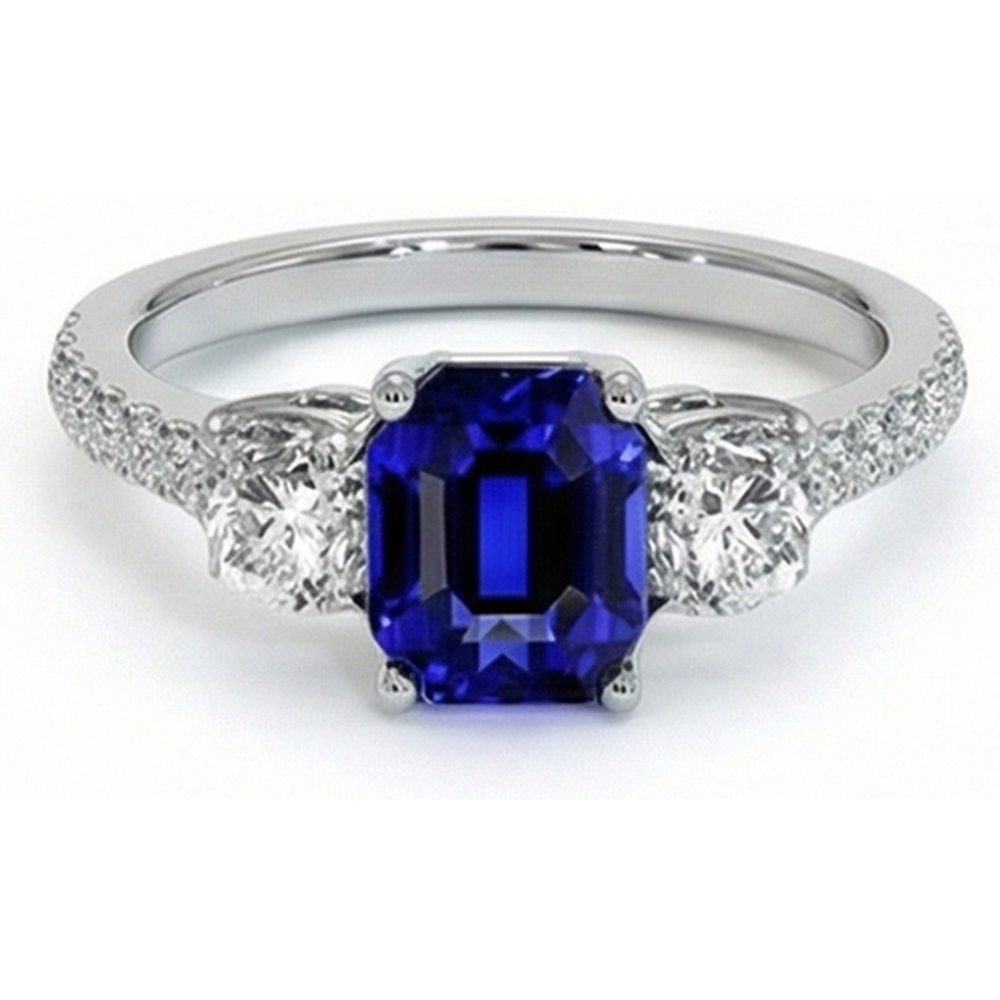 Anello in stile zaffiro blu smeraldo con 3 pietre con accenti in oro 7 ct 14k