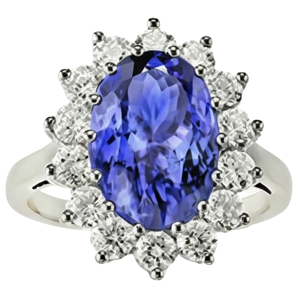 Anello in tanzanite ovale da 19.75 ct con diamanti stile fiore in oro 14 carati