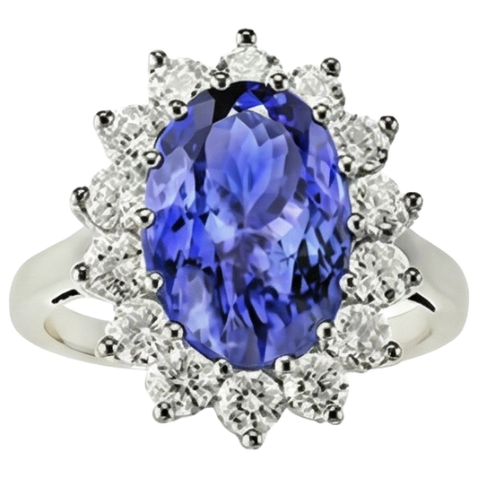 Anello in tanzanite ovale da 19.75 ct con diamanti stile fiore in oro 14 carati