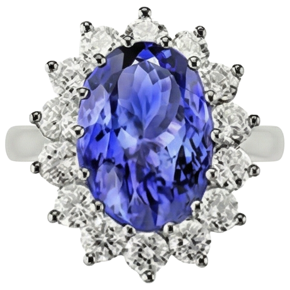 Anello in tanzanite ovale da 19.75 ct con diamanti stile fiore in oro 14 carati