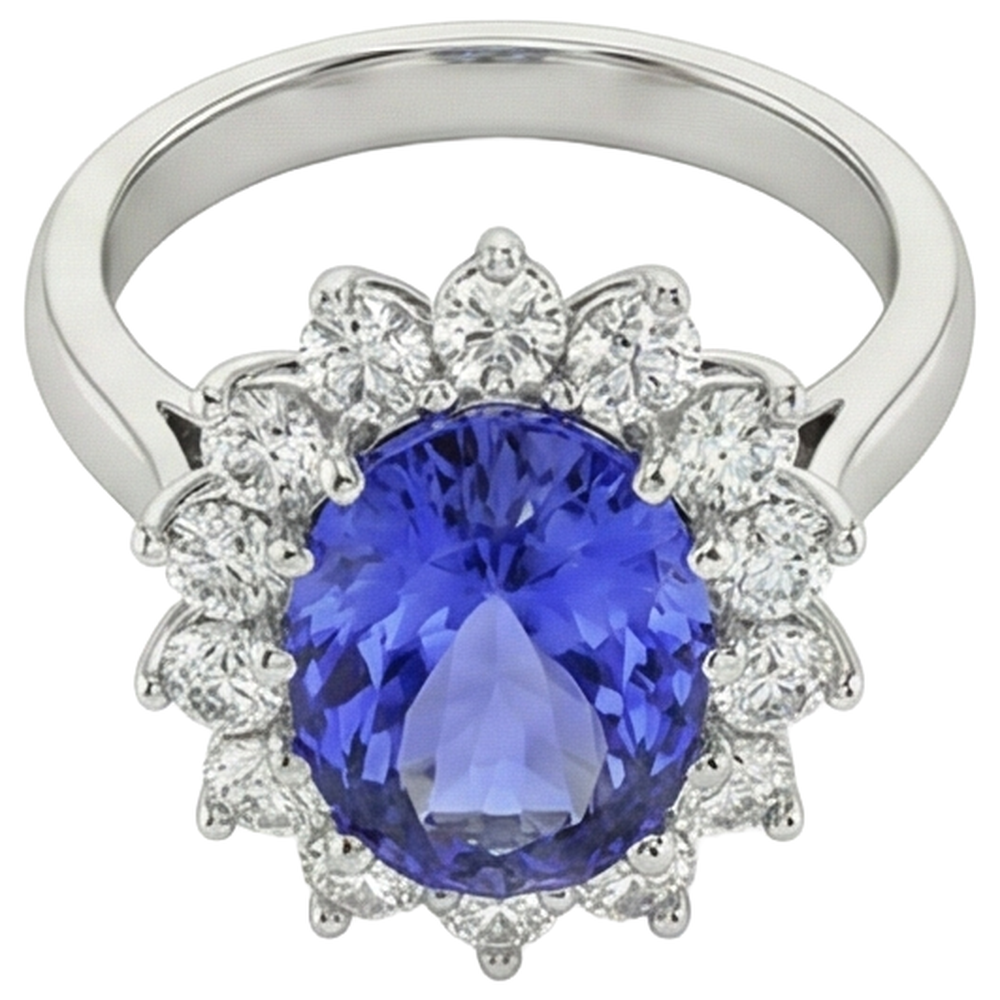 Anello in tanzanite ovale da 19.75 ct con diamanti stile fiore in oro 14 carati