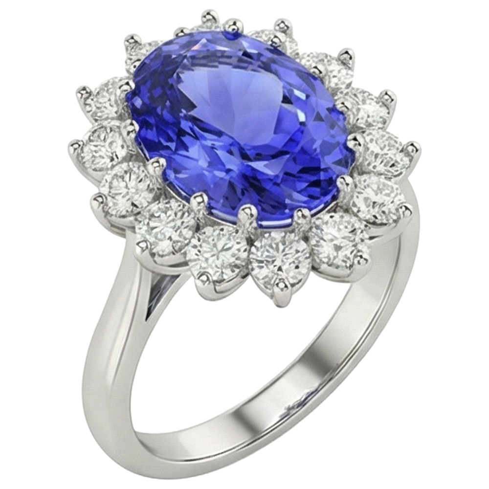 Anello in tanzanite ovale da 19.75 ct con diamanti stile fiore in oro 14 carati
