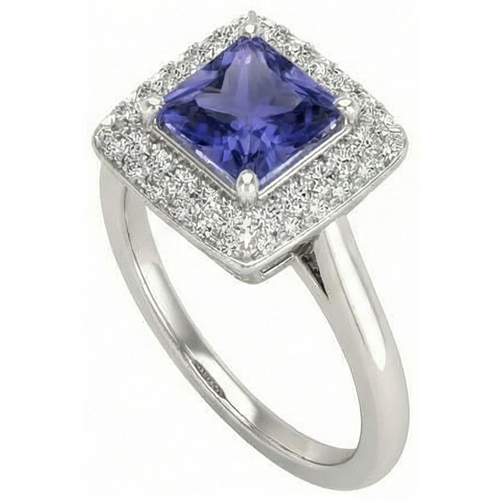 Anello in tanzanite taglio princess da 1,50 ct con diamante oro bianco