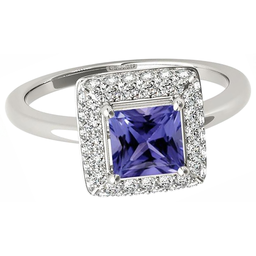 Anello in tanzanite taglio princess da 1,50 ct con diamante oro bianco