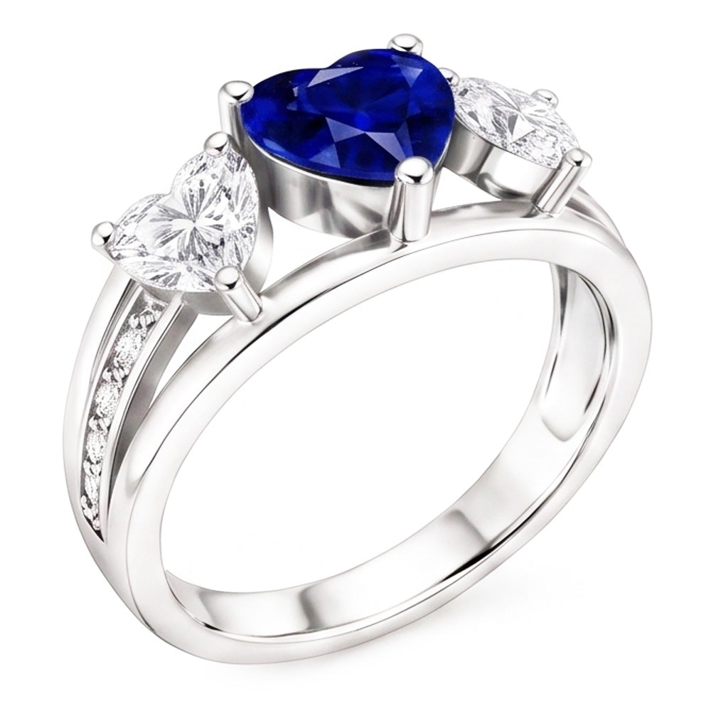 Anello in zaffiro blu con 3 pietre e diamanti a cuore con accenti 3.50 carati