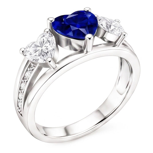 Anello in zaffiro blu con 3 pietre e diamanti a cuore con accenti 3.50 carati