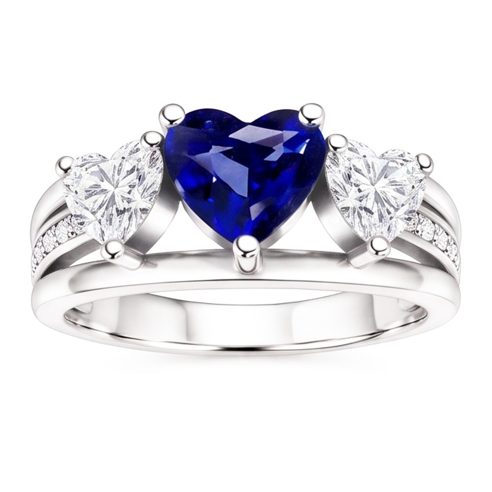 Anello in zaffiro blu con 3 pietre e diamanti a cuore con accenti 3.50 carati