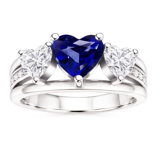 Anello in zaffiro blu con 3 pietre e diamanti a cuore con accenti 3.50 carati