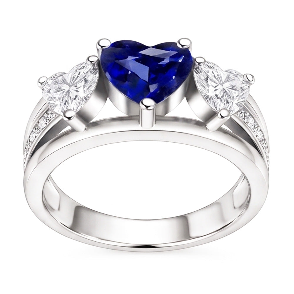 Anello in zaffiro blu con 3 pietre e diamanti a cuore con accenti 3.50 carati