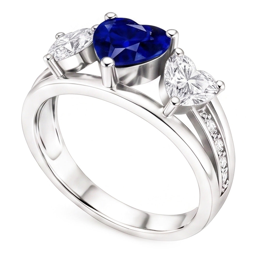 Anello in zaffiro blu con 3 pietre e diamanti a cuore con accenti 3.50 carati