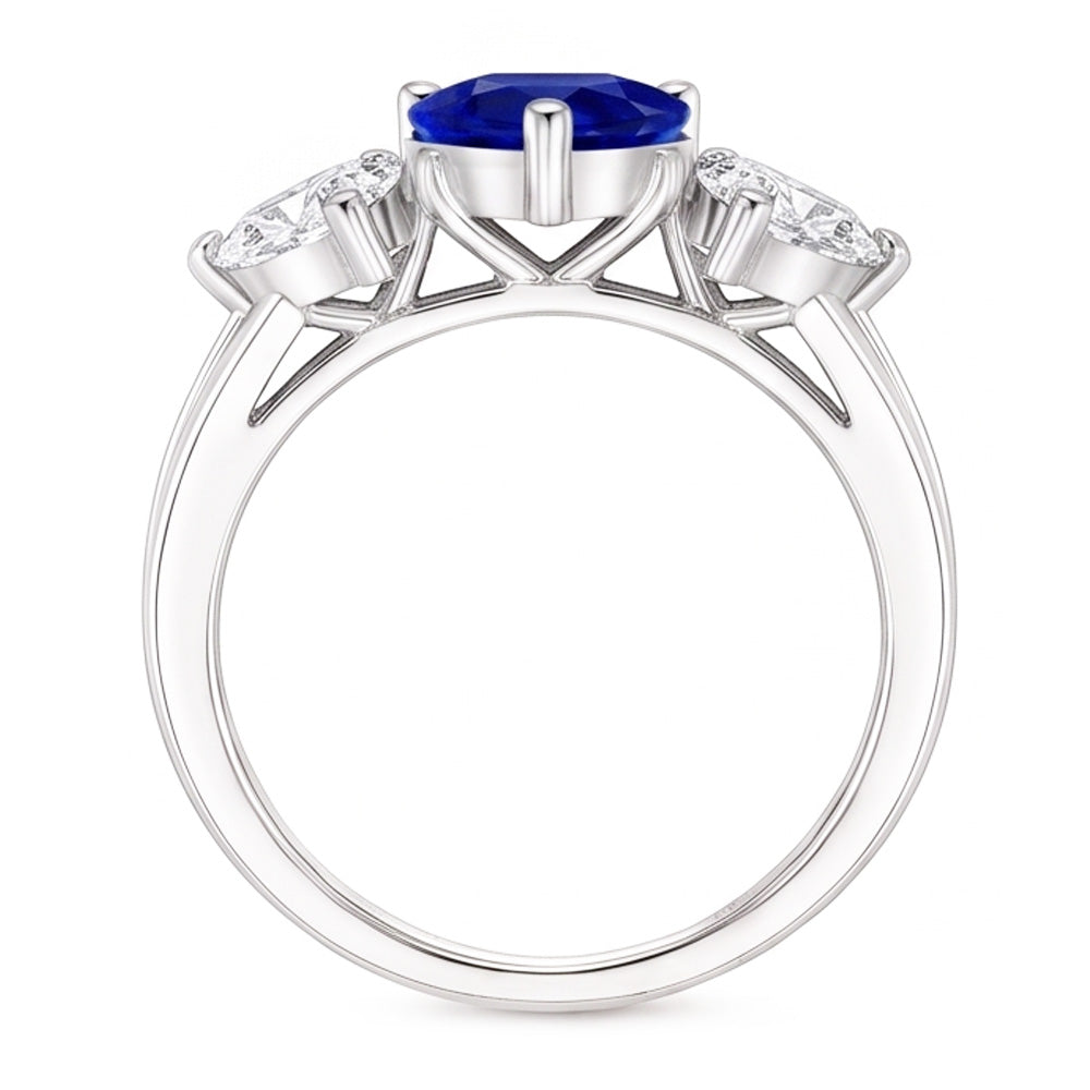 Anello in zaffiro blu con 3 pietre e diamanti a cuore con accenti 3.50 carati