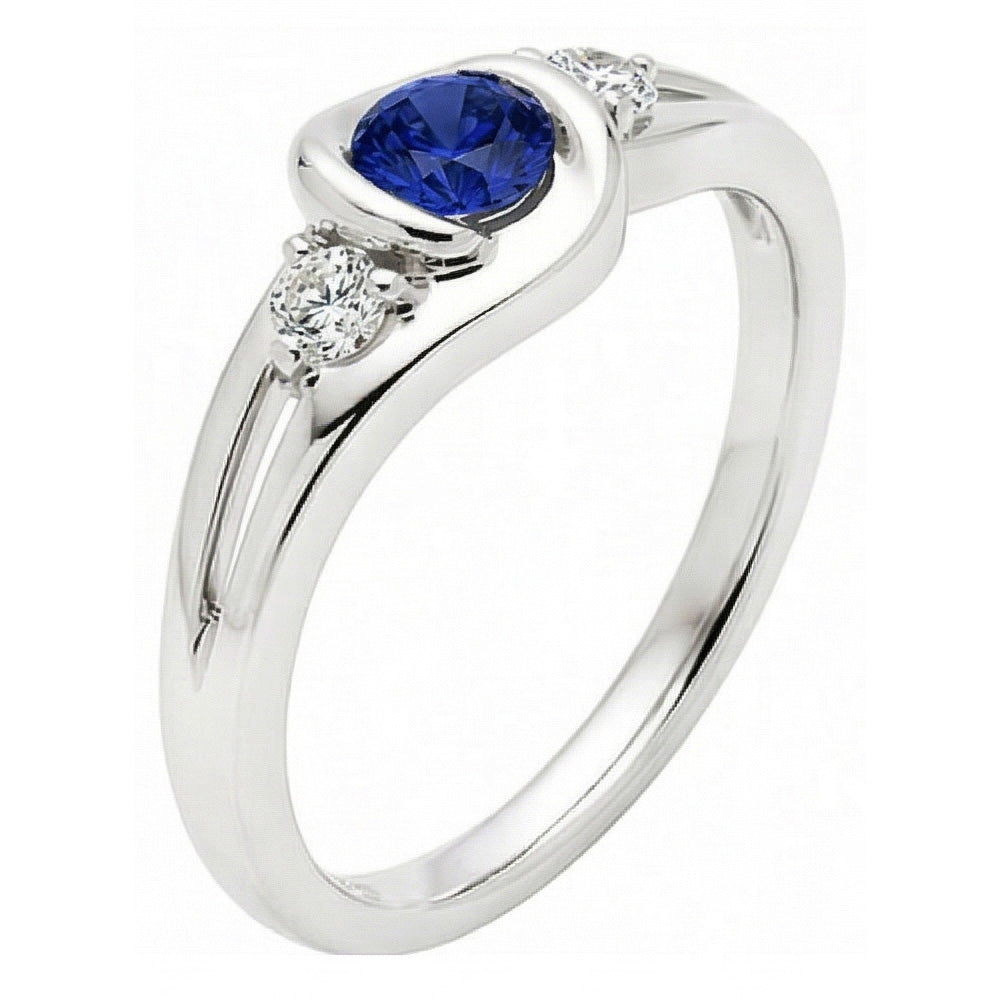 Anello in zaffiro blu in stile Tension con diamanti tondi da 1,50 carati e oro bianco 14K