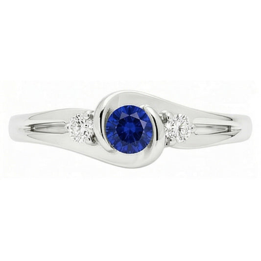 Anello in zaffiro blu in stile Tension con diamanti tondi da 1,50 carati e oro bianco 14K