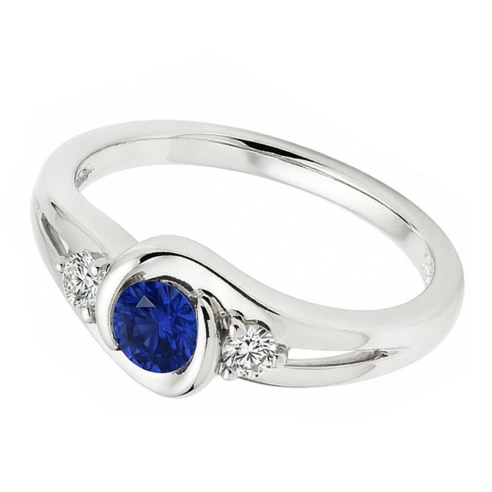 Anello in zaffiro blu in stile Tension con diamanti tondi da 1,50 carati e oro bianco 14K