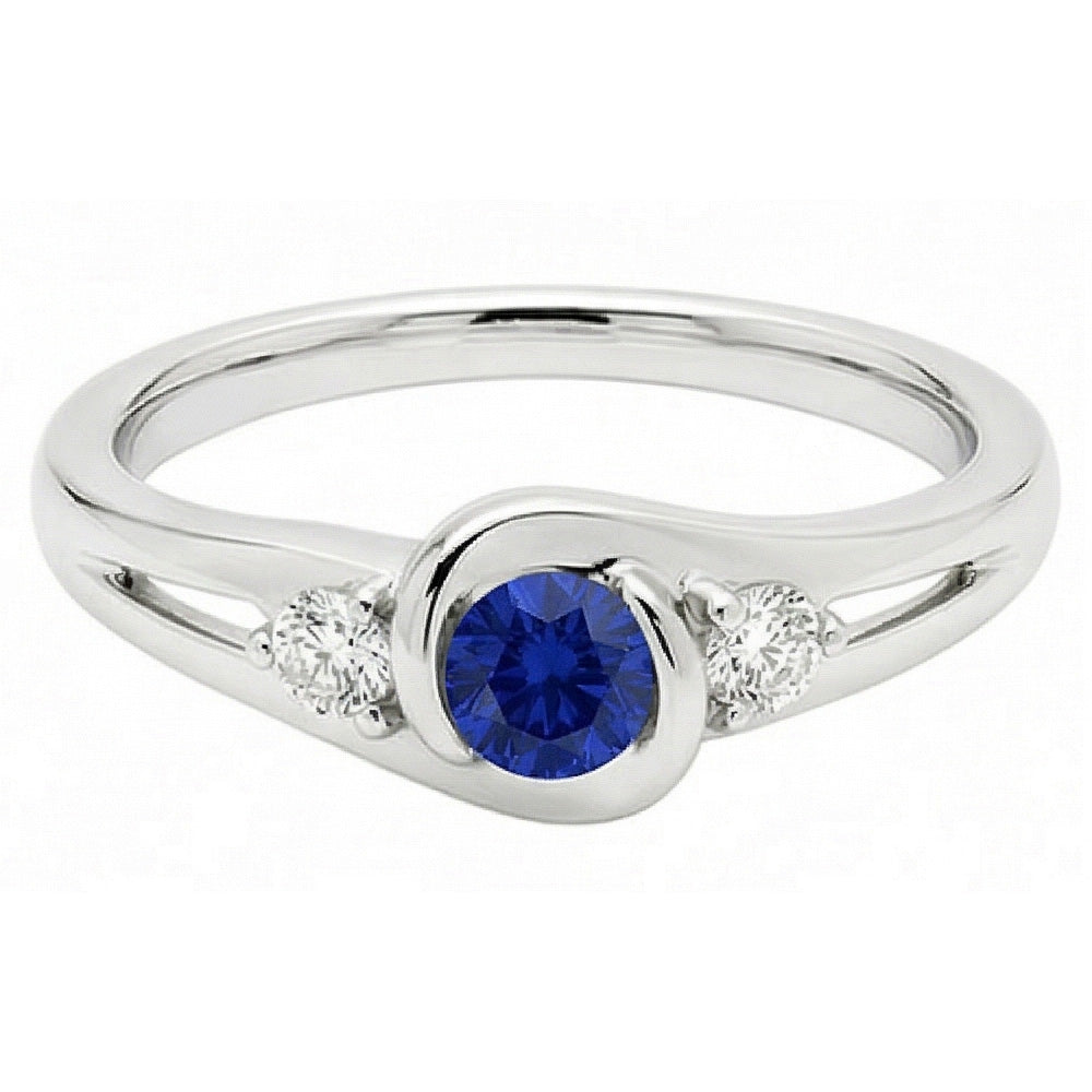 Anello in zaffiro blu in stile Tension con diamanti tondi da 1,50 carati e oro bianco 14K