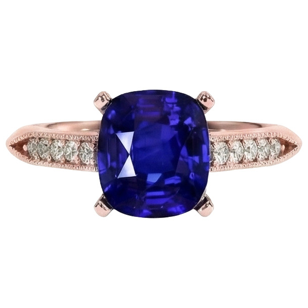 Anello in zaffiro con cuscino Ceylon stile vintage 5 carati accenti in oro rosa