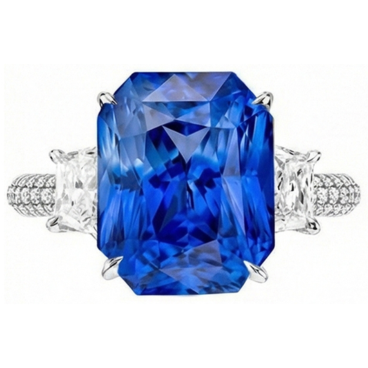 Anello in zaffiro di Ceylon con diamante radiante 7.50 carati 3 stile a punta di pietra
