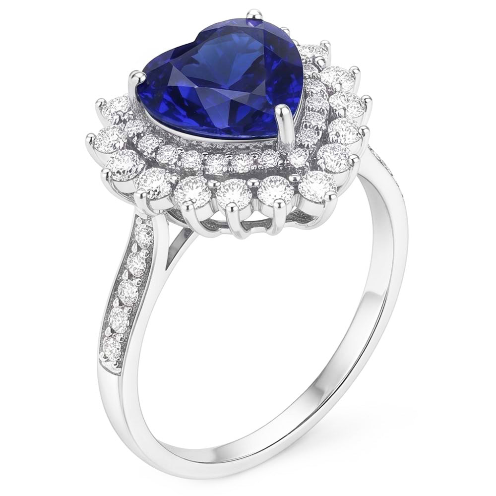 Anello in zaffiro di ceylon con doppio cuore aureola stile fiore 4 carati