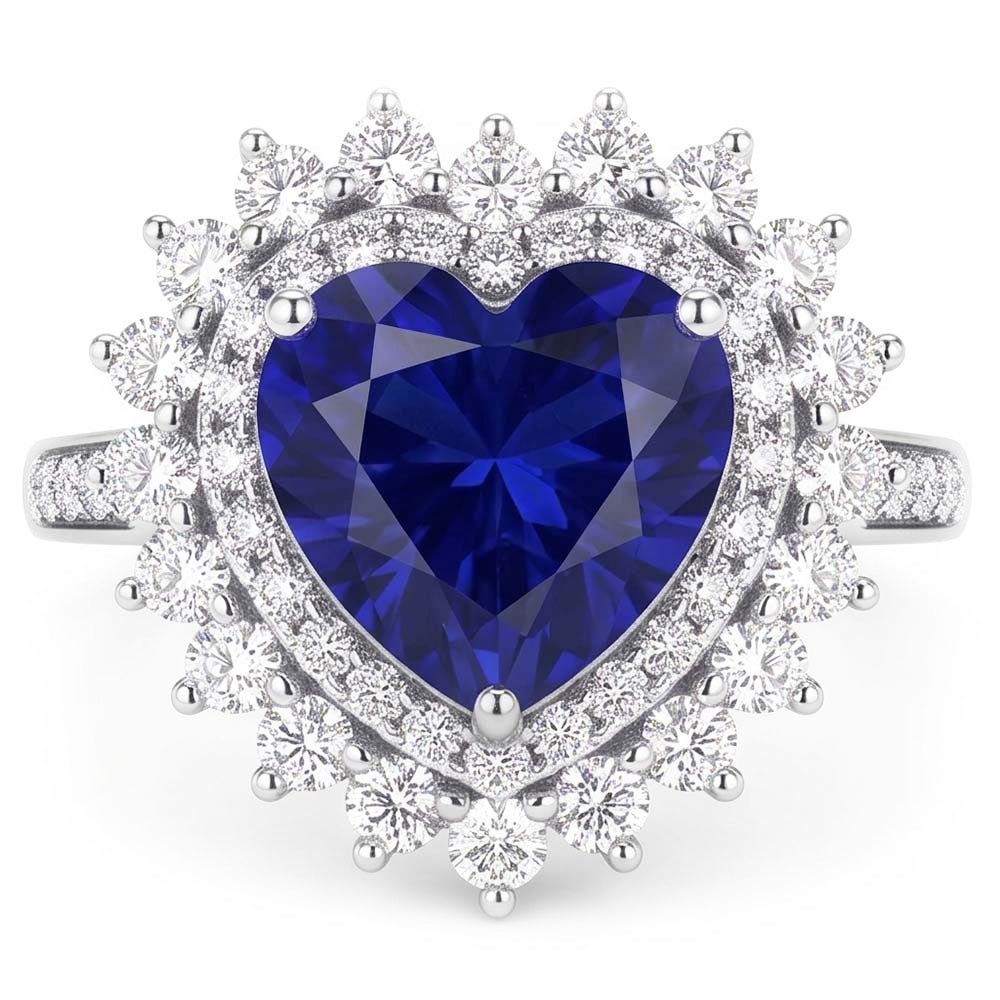 Anello in zaffiro di ceylon con doppio cuore aureola stile fiore 4 carati