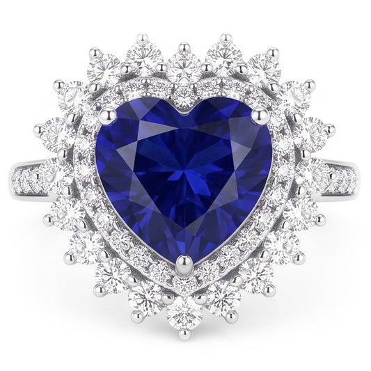 Anello in zaffiro di ceylon con doppio cuore aureola stile fiore 4 carati