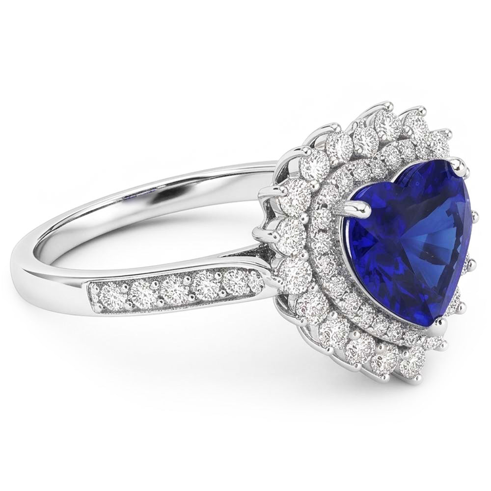 Anello in zaffiro di ceylon con doppio cuore aureola stile fiore 4 carati