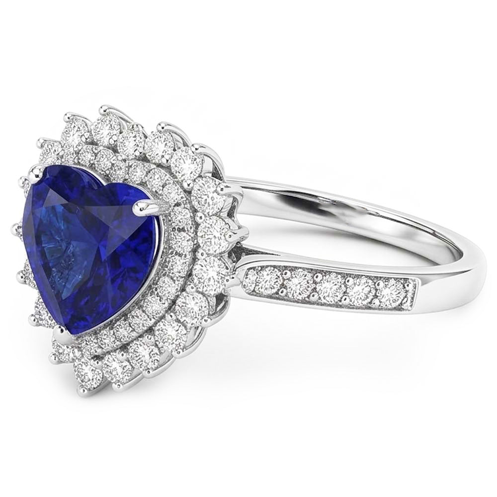 Anello in zaffiro di ceylon con doppio cuore aureola stile fiore 4 carati