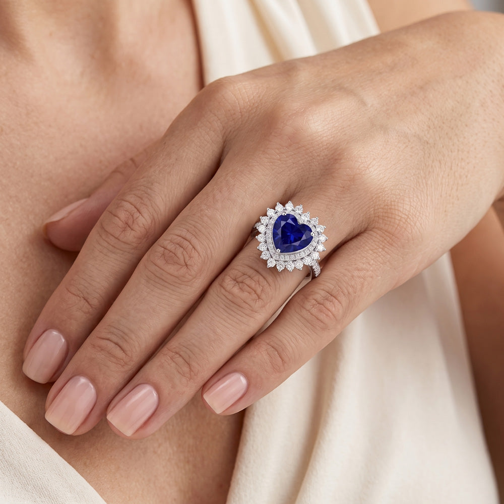 Anello in zaffiro di ceylon con doppio cuore aureola stile fiore 4 carati