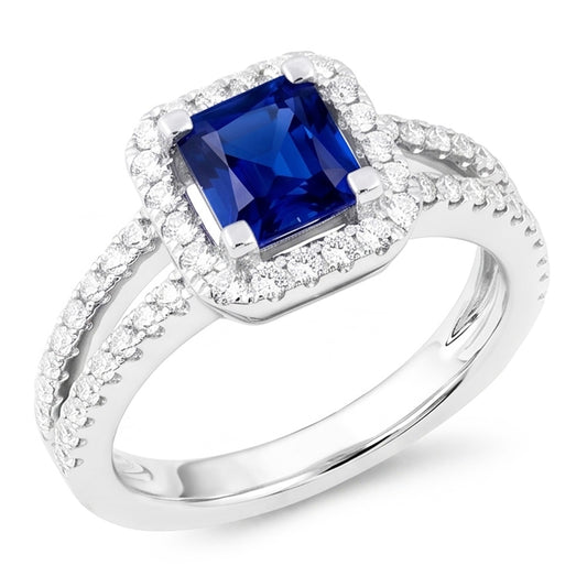 Anello in zaffiro radiante con diamante Halo. doppio stelo. Oro bianco 3 carati e 14K