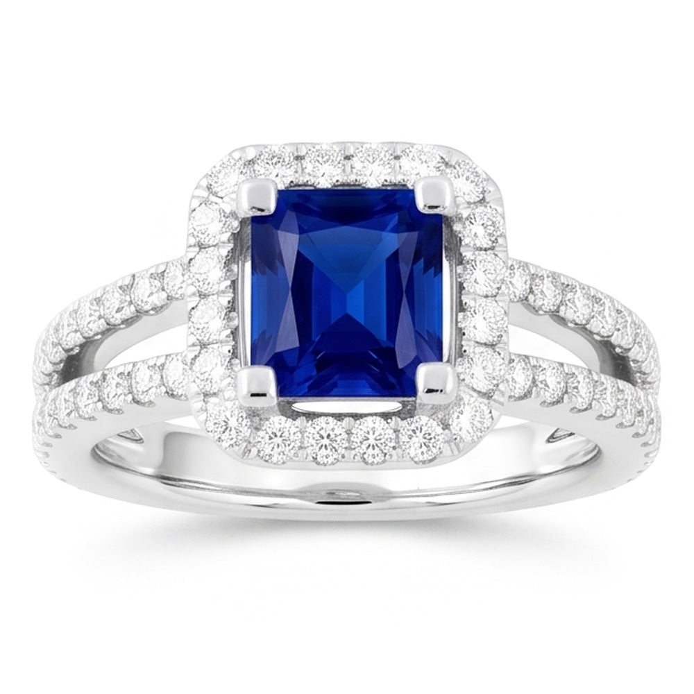Anello in zaffiro radiante con diamante Halo. doppio stelo. Oro bianco 3 carati e 14K