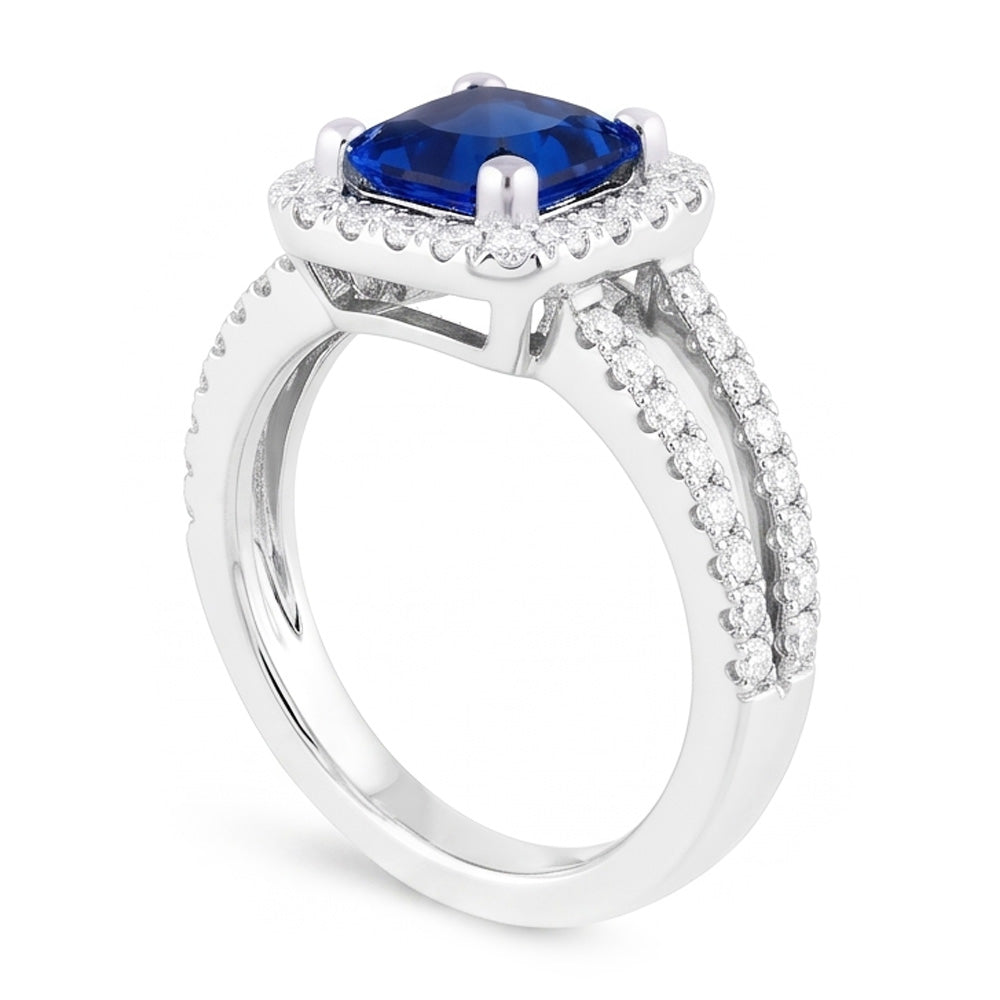 Anello in zaffiro radiante con diamante Halo. doppio stelo. Oro bianco 3 carati e 14K