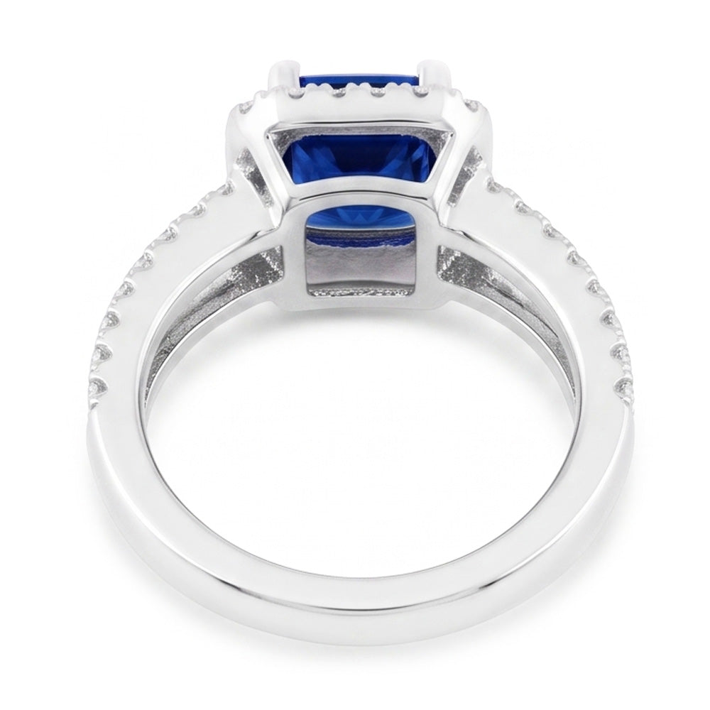 Anello in zaffiro radiante con diamante Halo. doppio stelo. Oro bianco 3 carati e 14K