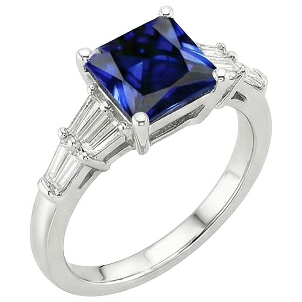 Anello in zaffiro taglio principessa con baguette affusolate. oro 4.50 carati 14K
