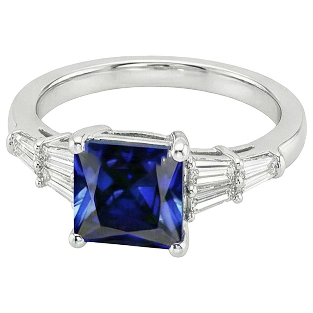 Anello in zaffiro taglio principessa con baguette affusolate. oro 4.50 carati 14K