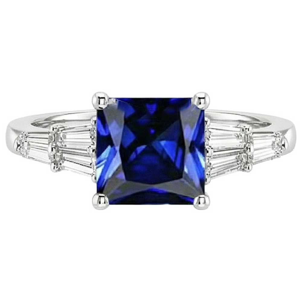 Anello in zaffiro taglio principessa con baguette affusolate. oro 4.50 carati 14K
