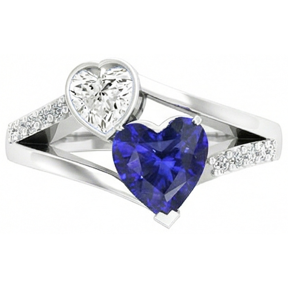 Anello incastonato di diamanti a forma di cuore con zaffiro blu con gambo diviso 3.25 carati