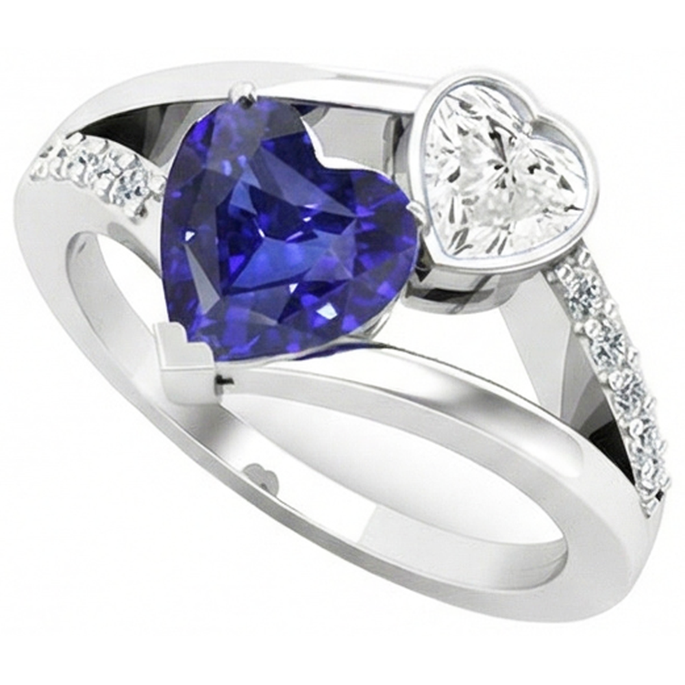 Anello incastonato di diamanti a forma di cuore con zaffiro blu con gambo diviso 3.25 carati