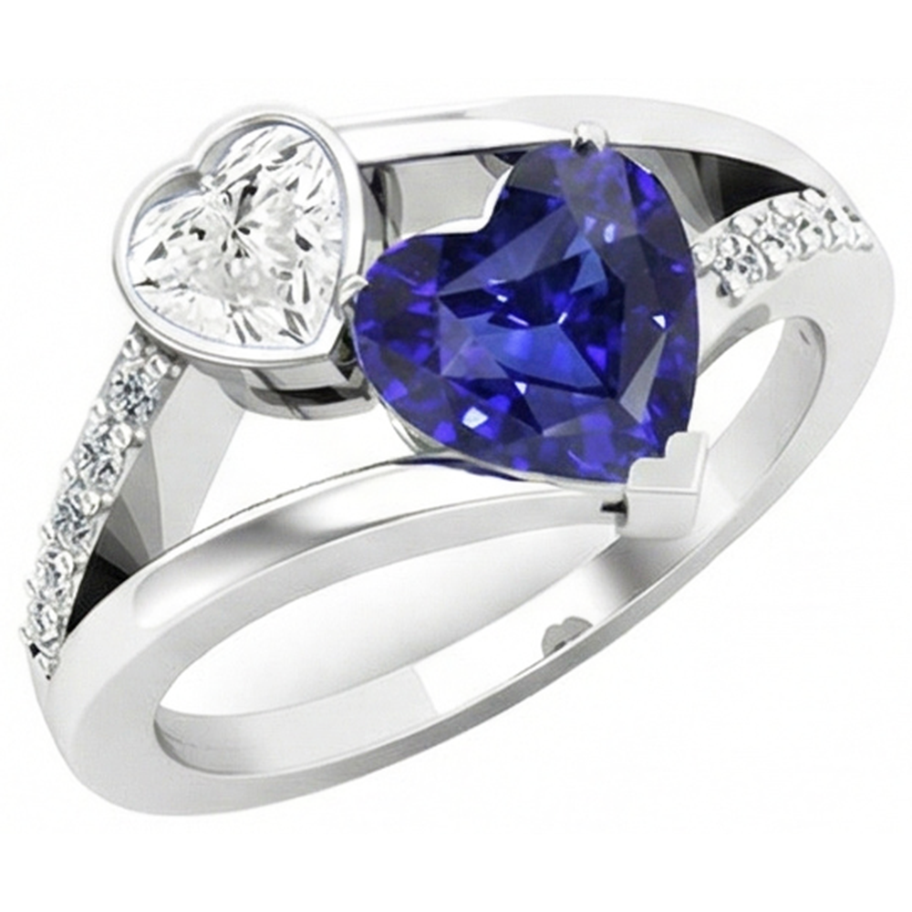 Anello incastonato di diamanti a forma di cuore con zaffiro blu con gambo diviso 3.25 carati