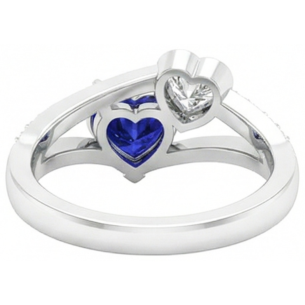 Anello incastonato di diamanti a forma di cuore con zaffiro blu con gambo diviso 3.25 carati