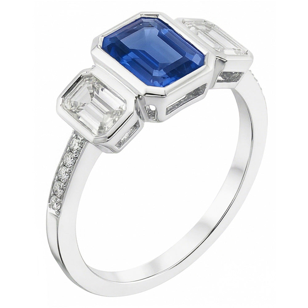 Anello incastonato di diamanti con smeraldo e zaffiro blu con 3 pietre in stile 2.50 carati