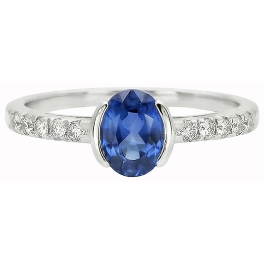 Anello incastonato di lunetta ovale con zaffiro blu dello Sri Lanka e diamante 1,40 ct