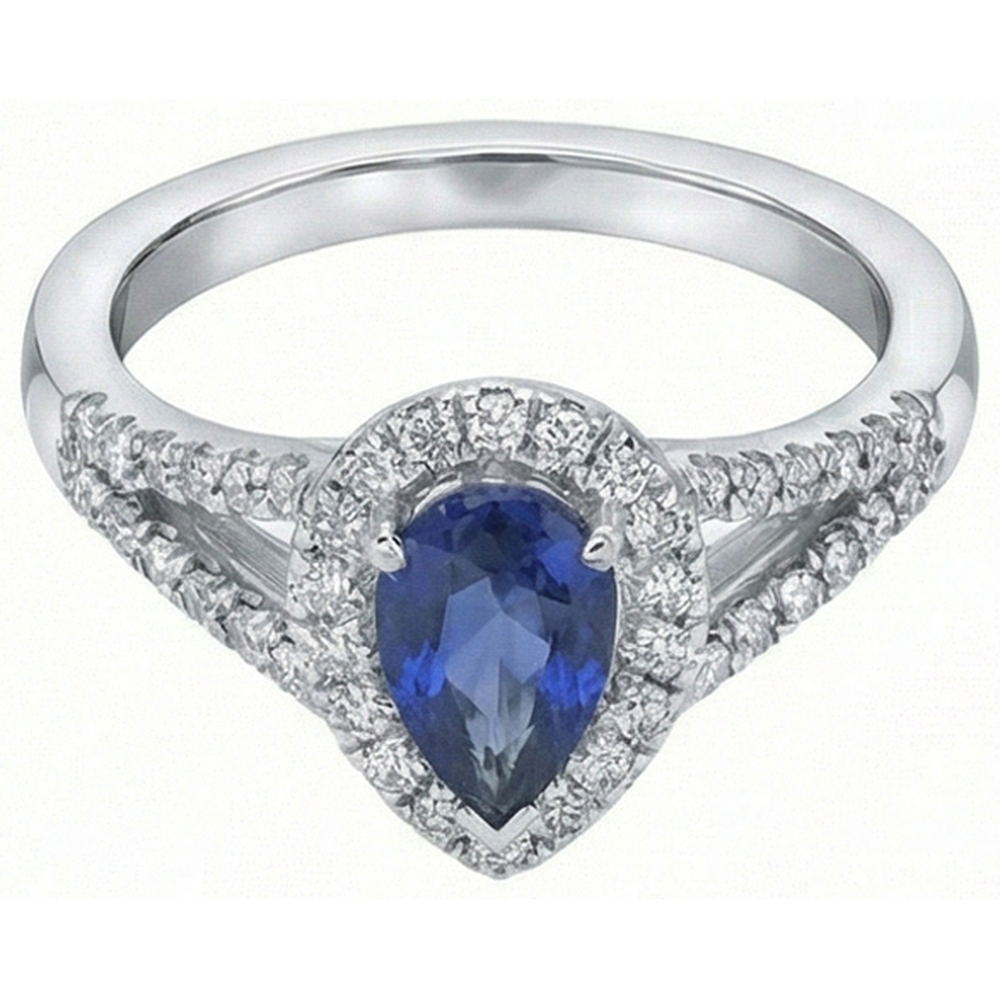Anello nuziale Halo Pera Zaffiro Ceylon Doppio gambo 2.50 Carati