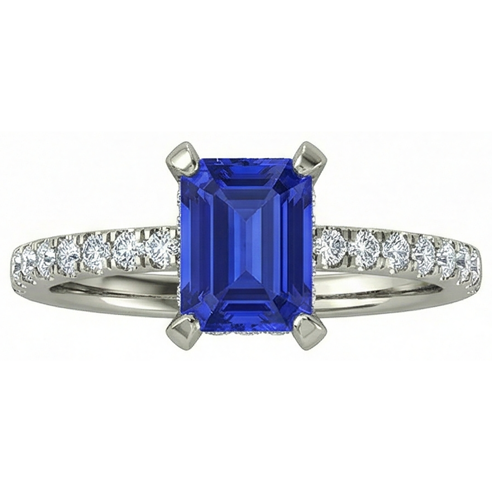 Anello nuziale Hidden Halo 12 ct Tanzanite Diamanti Naturali Autentici ( non creati in laboratorio ) Oro bianco 14K
