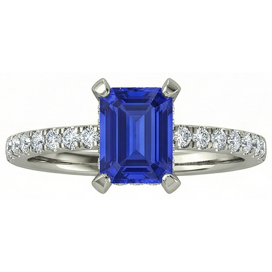 Anello nuziale Hidden Halo 12 ct Tanzanite Diamanti Naturali Autentici ( non creati in laboratorio ) Oro bianco 14K