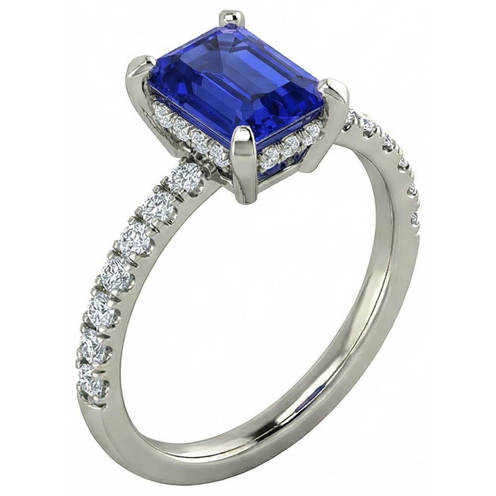 Anello nuziale Hidden Halo 12 ct Tanzanite Diamanti Naturali Autentici ( non creati in laboratorio ) Oro bianco 14K